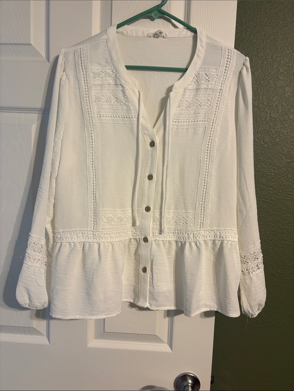 Maurices White Lace-Trim Peplum Button-Front Blouse